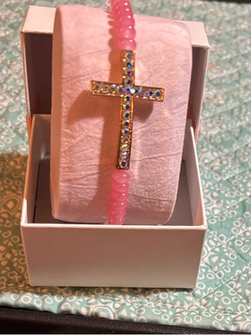Pink and clear crystal Beaded Stretch Bracelet with a Crystal Cross Accent